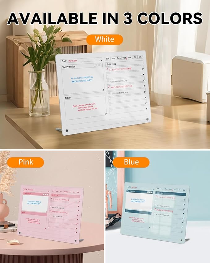 Acrylic Dry Erase to-Do List Board with Top Priorities Notes, 9x13 Desktop Whiteboard Planner with Stand, Daily Task Organizer for Office/Home/School, Includes 3 Dry Erase Markers (Pink)
