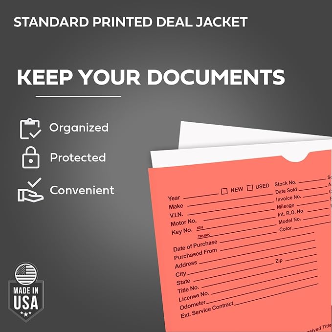 Printed Vehicle Deal Envelopes 9x12 Deal Jackets (100 shrink wrapped) (Salmon)