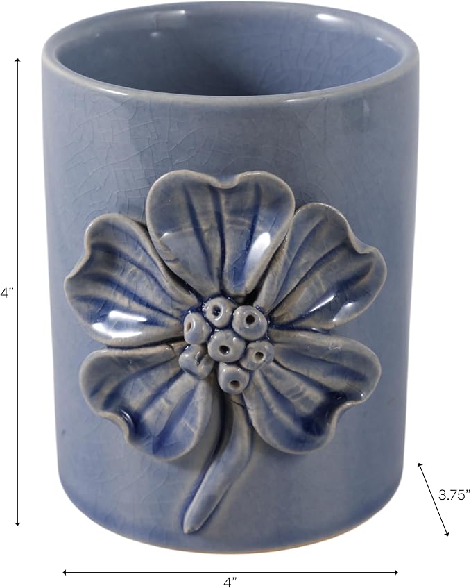 Floral Ceramic Desk Organizer for Workspace Decor - Unique Desktop Storage and Office Storage Accessory - Small Desk Cup Holder Complements Bedroom, Kitchen, Bathroom, or Home Decor - 4", Blue