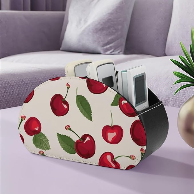 Red Cherry Pattern Remote Control Holder TV Remote Caddy with 5 Compartments PU Leather Storage Box Stylish Desk Organizer for TV/DVD/Accessories Desk Office Supplies Home