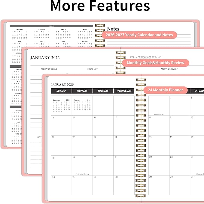 KMQOY Monthly Planner 2026-2027, 2026 Calendar 24 Months Planner, Jan 2026 - Dec 2027, 7.5"x10", Personal Calendar with Monthly Goals, To-Do List, Habit Tracker, 2 years for School Office Home Planning(Pink)