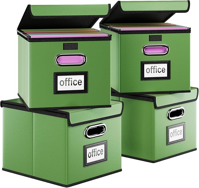 Portable Leather File Organizer Boxes with Lids, Office Document Boxes Organizer, Filing Boxes, Decorative Small File Boxes for Hanging Files, File Cabinet for Office/Home - 4 Pack