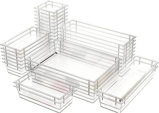 Clear Acrylic Drawer Organizer Trays, 5 Size Junk Box Organization Small Storage Container Bin for Desk Makeup Bathroom Vanity Kitchen Tool Make Up Workspace Home Dorm Apartment Office Room Nightstand