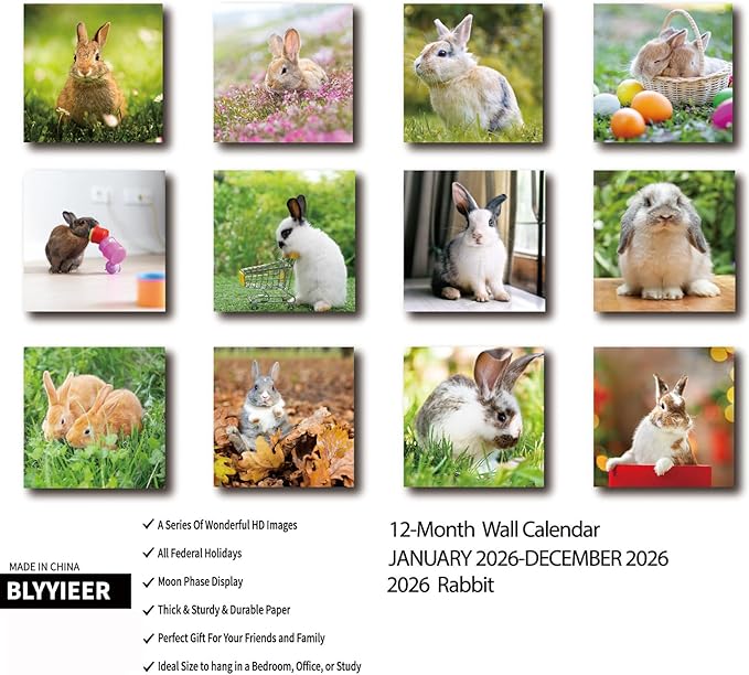 2026 Wall Calendar,Calendar 2026,Rabbit Monthly Wall Calendar, 12" x 24" Open,Family Planner Calendar, Home & Office Organizer,Hangable
