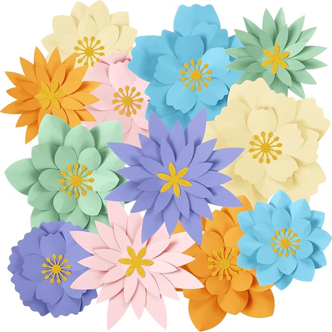 MotiMind 12 Pcs Paper Flowers Decorations for Wall DIY Paper Flowers Bulletin Board 3D Handcrafted Backdrop Decoration for Classroom Back to School Party (Pastel Color)