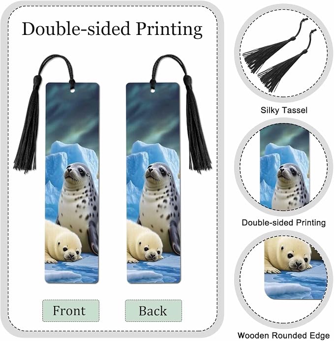 Seals Bookmarks 5 Pcs Cute Animal Winter Cold Iceland Wooden Bookmark with Tassels for Reading Book Lovers Gift Office School Readers Teacher