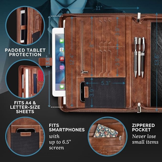 NERO MANETTI- Zippered Vegan Leather Padfolio/Portfolio Pad Holder-Business PU Leather Notepad Folder for Resumes, Interviews, iPad/Tablet, Phone, Legal Pad Notebook Executive Binder for Women, Men