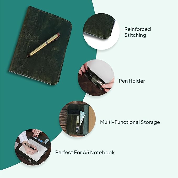 Genuine Leather A5 Journal Cover Refillable Notebook Cover, Fits 5.75 x 8.25 in, Card Slots Pocket & Pen Holder, Handmade Professional Leather Organizer for Men & Women, Travel & Work Diary Cover