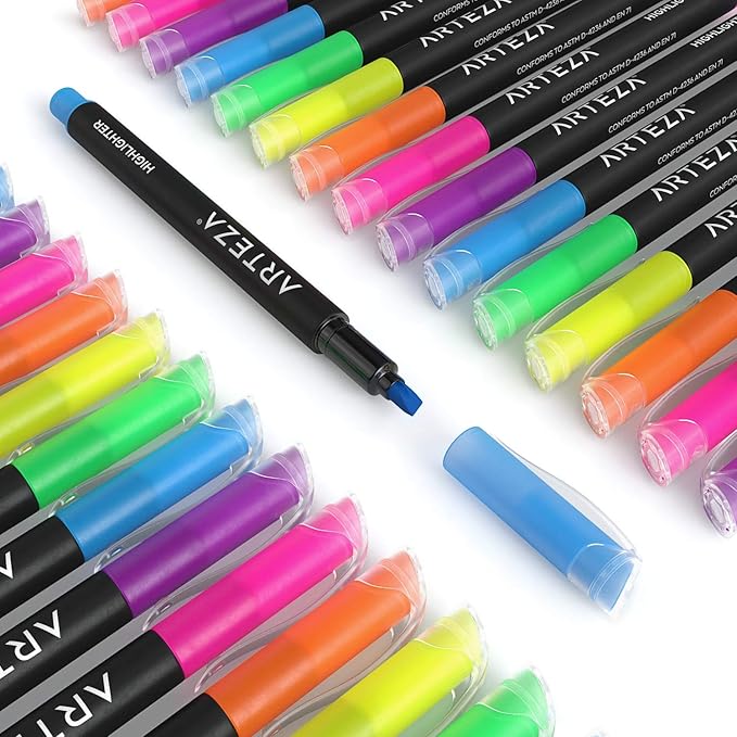 ARTEZA Highlighters – Set of 60 Assorted Neon Colors with Narrow Chisel Tips, Quick-Dry Ink for School, Office, Journaling & Note-Taking