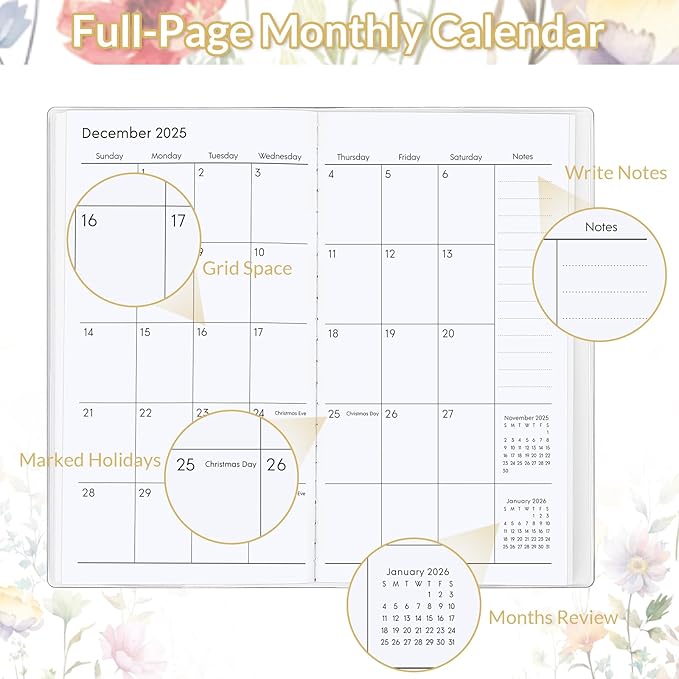 KONVINIT Pocket Calendar 2025-2027, Floral 2025-2027 Monthly Planner - 3.7" x 6.7" - Runs from July 2025 Until December 2027, 2026 Pocket Calendar with PVC Cover for Student, Women, Office Supplies