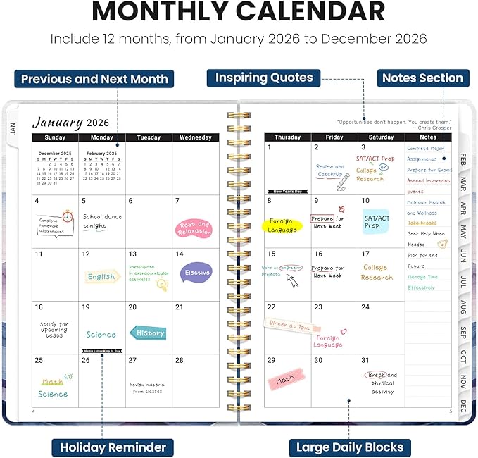 2026 Planner, Weekly and Monthly Planner for Women, January 2026 - December 2026, Hardcover 2026 Calendar Planner Book with Tabs, Inner Pocket, Spiral Bound, Perfect for Office Home School Supplies - A4 (8.5" x 11"), Hill