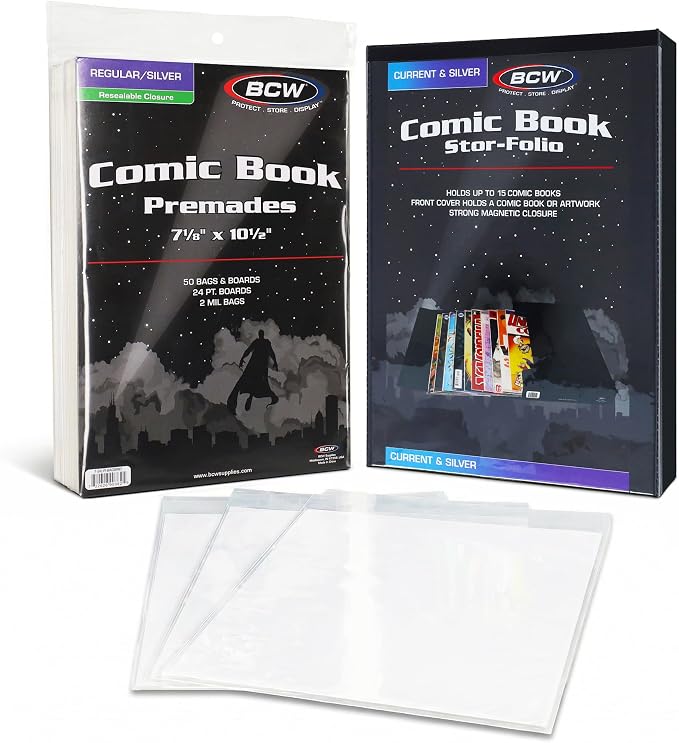 BCW Comic Book StorFolio Kit – Includes Magnetic Comic StorFolio + 50 Silver Age Premade® Resealable Comic Book Bags and Boards | Comic Book Case, Comic Holder & Silver Age Comic Storage