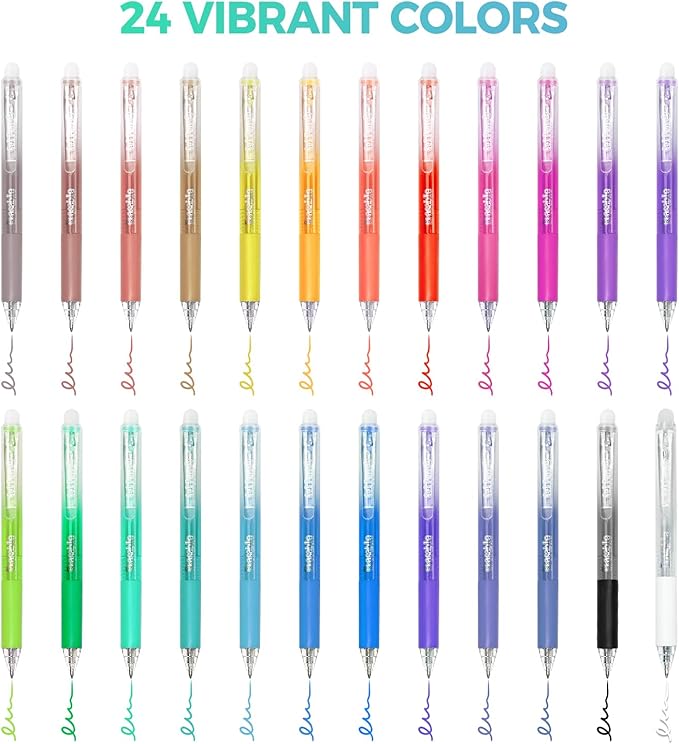 TBC The Best Crafts Erasable Pens, 24 Colors Retractable Erasable Gel Pens, Make Mistakes Disappear Pens Erasable, Fine Point 0.7 mm Colored Pens, Gel Ink Pens For School Supplies & Office Writing.