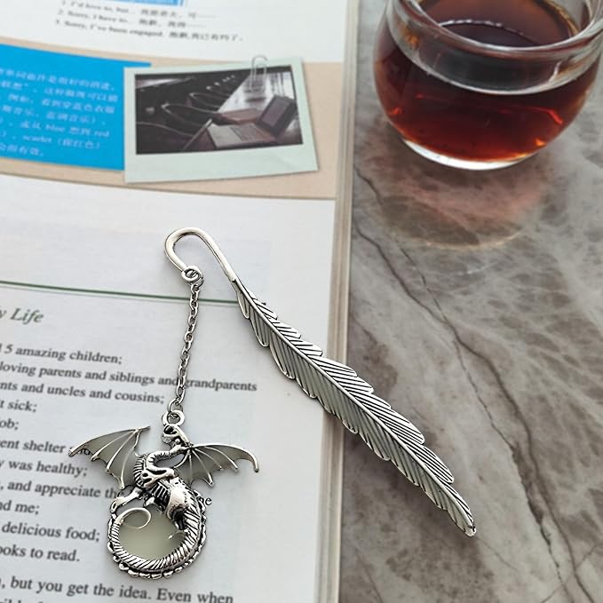 Vintage Feather Dragon Metal Bookmark, Glow in The Dark Dragon Gift, Fantasy Bookmark Gifts, Cool for Women Men, Reading Lovers (Antique Silver Dragon)