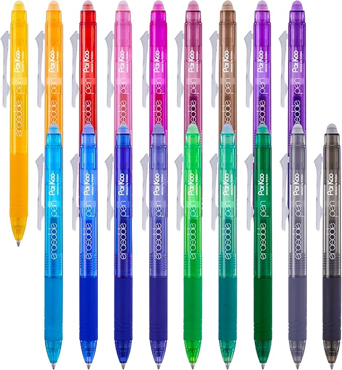 ParKoo 18 Colors Retractable Erasable Gel Pens Clicker, Fine Point 0.7mm, Make Mistakes Disappear, Comfort Grip for Journaling Drawing Writing Planners