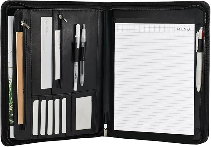 VANRA Zippered Padfolio for Men Leather Portfolio for Women Binder Organizer Interview Resume Folder for Papers Document Holder Planner Binder A4 Letter Size with Notepad, Black