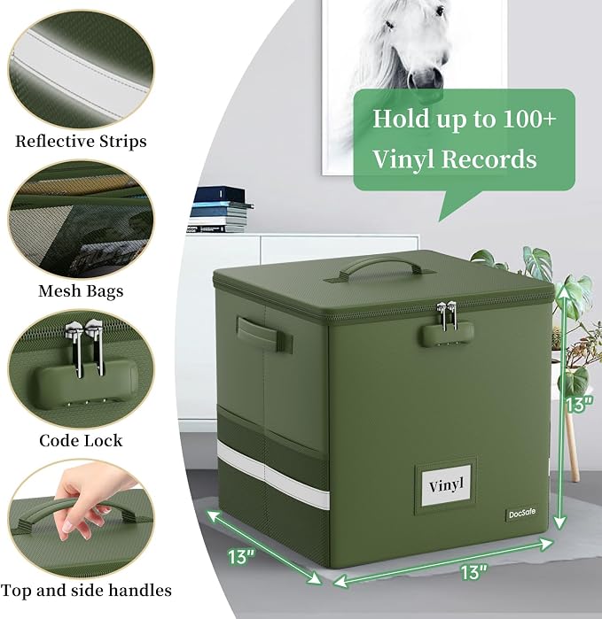 DocSafe Vinyl Record Storage Box with Lock,Fireproof Record Organizer Storage for 100+ Single Records(12-inch), Collapsible Storage Crate with Lid & Handles for Valuable Album Collection,Green,2 Pack