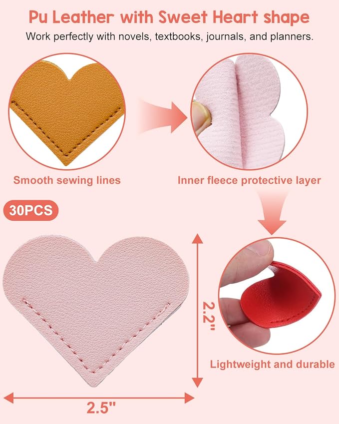 30Pcs Leather Heart Book Marks for Women, Cute Heart Bookmark Corner for Book Lovers Gifts