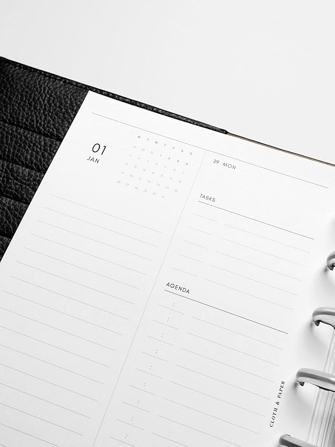 Cloth & Paper 2026 Dated Daily Planner Inserts - Monday Start | A5 Size 5.8 x 8.3 Inches | 6 Ring Planner Refills | 2 Days Per Page | Minimalist Daily Organizer Pages | Heavyweight Paper
