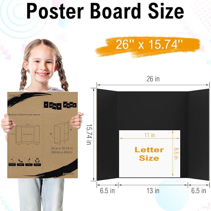 HAUTOCO 6 Pack Trifold Poster Board 26'' x 15.74'' Medium Tri Fold Project Boards Black Corrugated Presentation Cardboard for Science Fairs, School Projects, Event Displays, Business