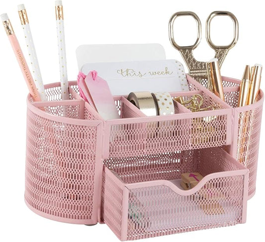 BLU MONACO | Pink Desk Organizers Metal Mesh Stationery Holder | Wire Mesh Desk Organizer with Compartments | Desk File Folder Organizer for Office Accessories