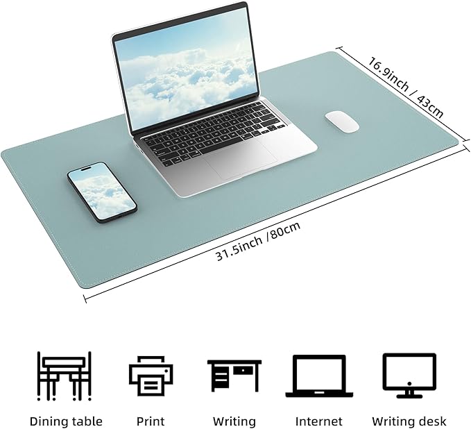 AFIING Cork Desk Mat, 31.5" x 17", Light Blue,Desk pad Protector | Dual-Sided Cork & PU Leather, Waterproof, Non-Slip, For Office & Gaming