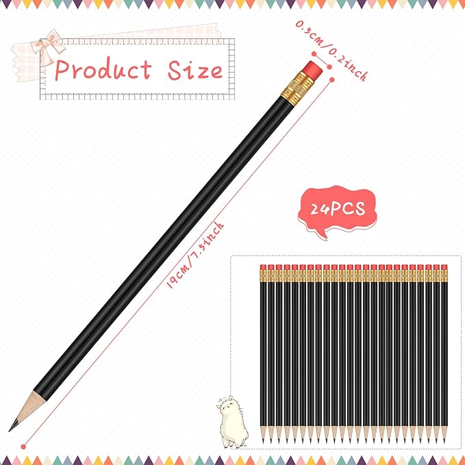 Outus 24 Pieces Round Pencils HB Graphite Pencils Wood Pencils with Eraser Cute Pencil Pack for School Drawing Sketching Wedding Office Supplies(Black)