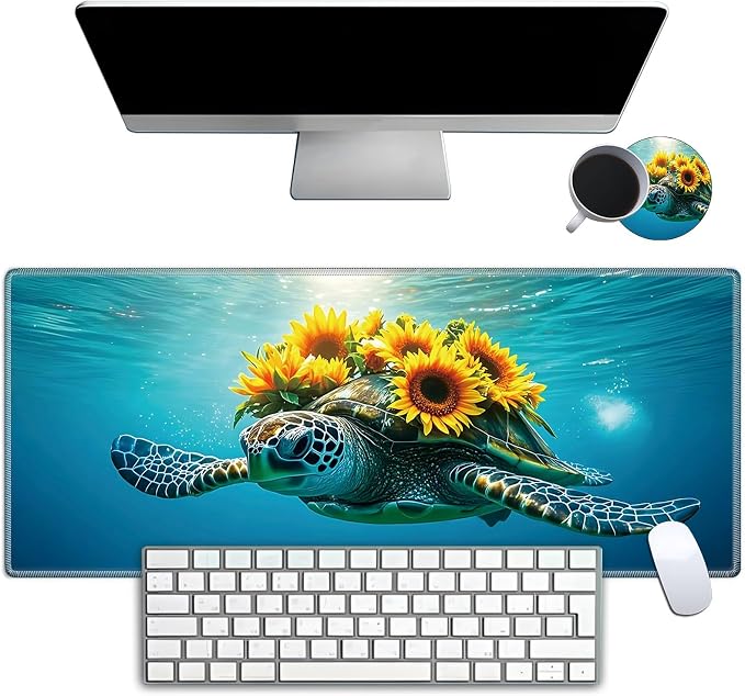 Mouse Pad Gaming Mousepad 31.5x11.8 Inch XXL Large + Coasters,Desk Mat with Stitched Edges, Non-Slip Rubber Base, Thick Mouse Pad for Computer, Laptop, Office & Home - Turtle Sunflower