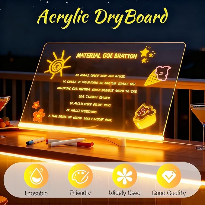 2026 New LED Note Board with Colors, Creative Rewritable Acrylic LED Message Board with Light, Light Up Dry Erase Board with Stand Letter Board Note Glass Clear Board with 7 Pen (20x20CM)
