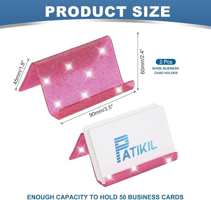 PATIKIL Business Card Holder for Desk, 2Pcs Acrylic Business Card Holders Shine Card Stand Organizer Cards Display for Office Exhibition, Rose Red