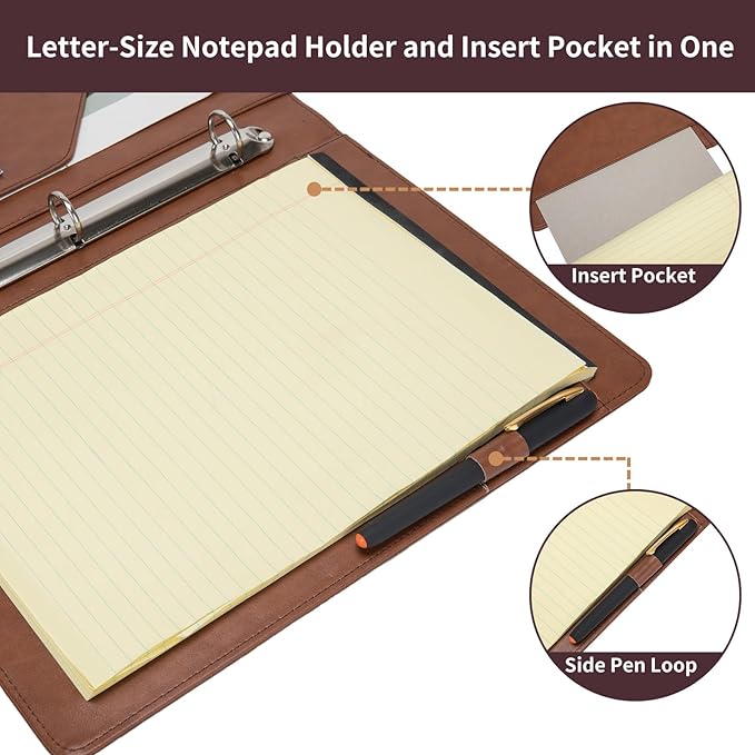 Vegan Leather 3 Ring Binder, 8.5 x 11 Letter Size Folio with Pen Holder, Soft Notebook Portfolio Cover, Slim Notepad Padfolio Thin File Organizer for Work Executive Meeting, Brown