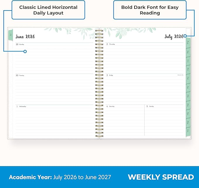 Blue Sky 2026-2027 Weekly and Monthly Academic Year Planner Calendar, July 2026 - June 2027, 8.5" x 11", Flexible Cover, Wirebound, Laminated Tabs, Storage Pocket, Laurel
