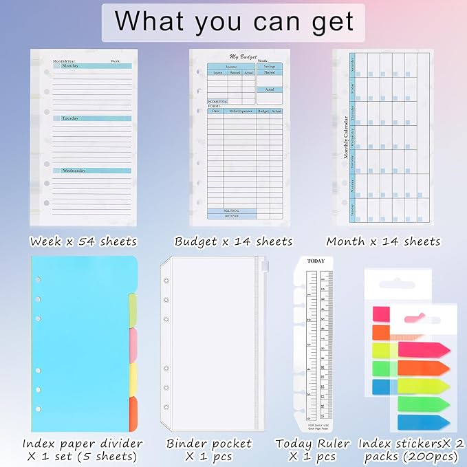 Toplive 7 Pack A6 Planner Inserts Monthly Weekly Planner Refills Expense Budget Sheets with Money Cash Envelopes Divider Today Ruler Stickers for A6 Binder Cover Organizer, Green