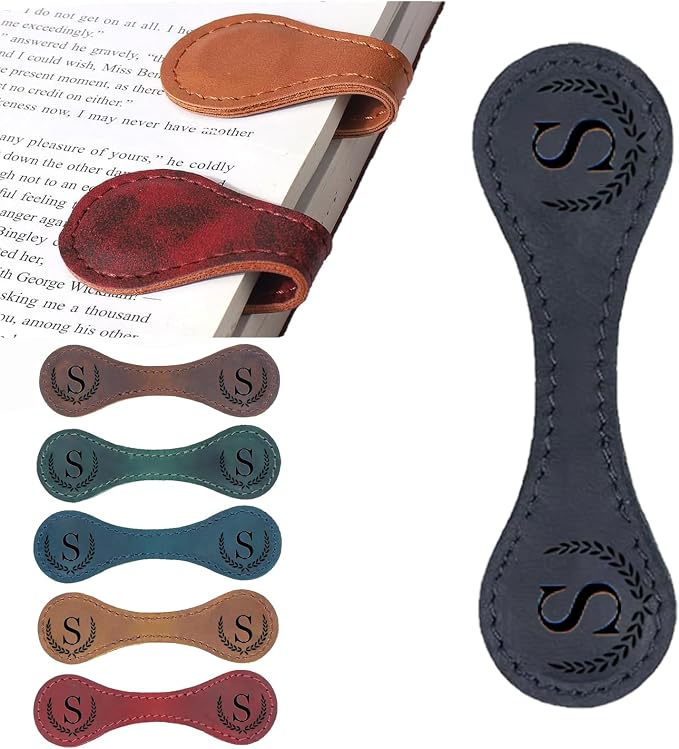 Personalized Magnetic Leather Bookmark, 26 Letters Custom Leather Bookmarks, Handmade, Leather Magnetic Bookmark for Book Lovers Readers Women Kid(Black，S）