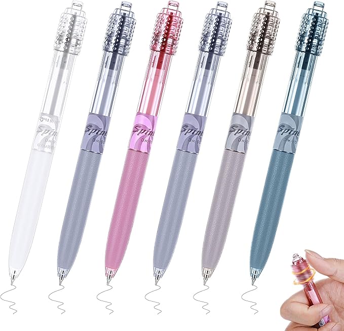 Crtiin 6 Pcs Fidget Spinner Pens for Adults Black Ink Gel Pens with Fidget Ball Stress Relief Pen Spinning Pen for Office Supplies Journaling (Cylinder,Bright)