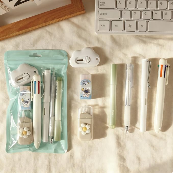7 Pcs Cute White Stationery Set Kawaii School Supplies Office Supplies Including Ballpoint Pens Pencil Highlighter Correction Tape Utility Knife (White)