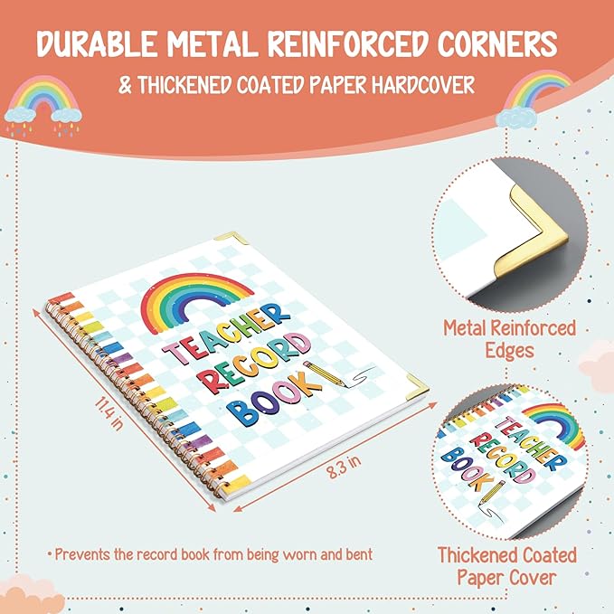 Teacher Record Book Spiral Bound Teacher Grade Book with Metal Corner Protector, 100gsm Thick Paper, Waterproof Thick Cover, Favors Gift Gradebook for Teachers Double-Sided Color Printing 8.3''x11.4''