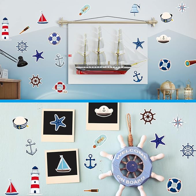Harloon 95 Pcs Nautical Cut Outs Anchors Sailboats Life Preserver Nautical Themed Cutout Mini Nautical Accents for Classroom Bulletin Board Decor