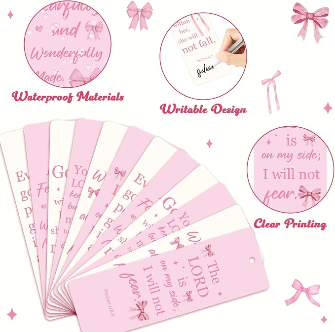 TICIAGA Religious Pink Bow Bookmark - 12PCS Christian Pink Bow Paper Bookmark with Ribbon for Girl Reading Lover, Funny Girl Inspirational Bible Verses Coquette Page Marker for Kids Easter Gifts