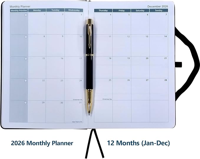 2026 Planner Journal with Yearly, Monthly, Weekly & Daliy Plan Pages, 24 Lined and 24 Dotted Pages, 8.5" x 5.75" Medium A5 Size (Black without pen)