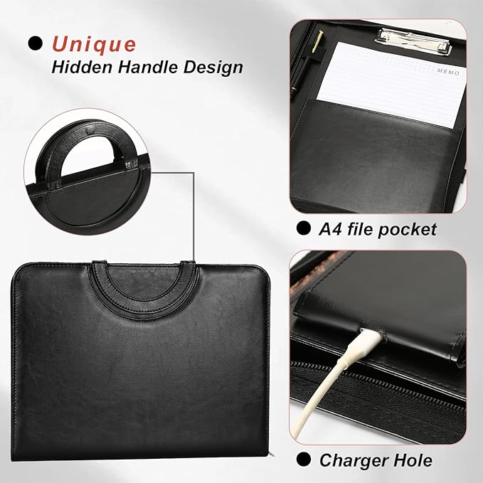 Eshow Leather Portfolio Professional Business Padfolio with Hidden Handle - Interview Resume Notefolio Premium Legal Document Organizer with Card Holder, Notebook and File Folders for Men and Women