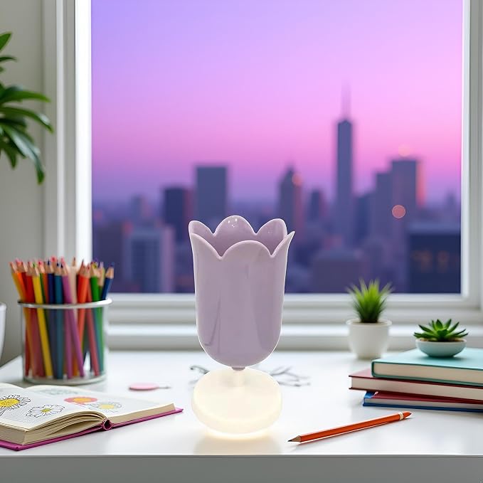 Purple Pen Holder for Desk, Plastic Tulip Pen Holder Girl Small Makeup Box Cute Stationery Organizer Pencil Stand Case Pencil Cups Desktop Decoration Pencil Holders Desk Supplies Holders