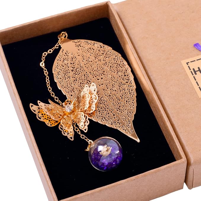 Teacher Appreciation Gifts for Women - Metal Leaf Bookmark with 3D Butterfly Charm – Mother’s Day Gifts for Mom, Thank You Gifts, Book Lover Gift Under 10 Dollars, Gift Box Included