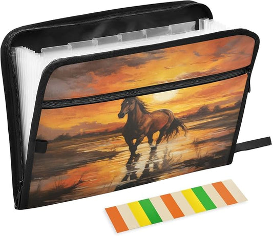 ALAZA Horse at Sunset Expanding Filing Folder, 13 Pockets Expandable Document Organizer Folder with Zipper Closure for Home Office A4 Letter Size Paper Document