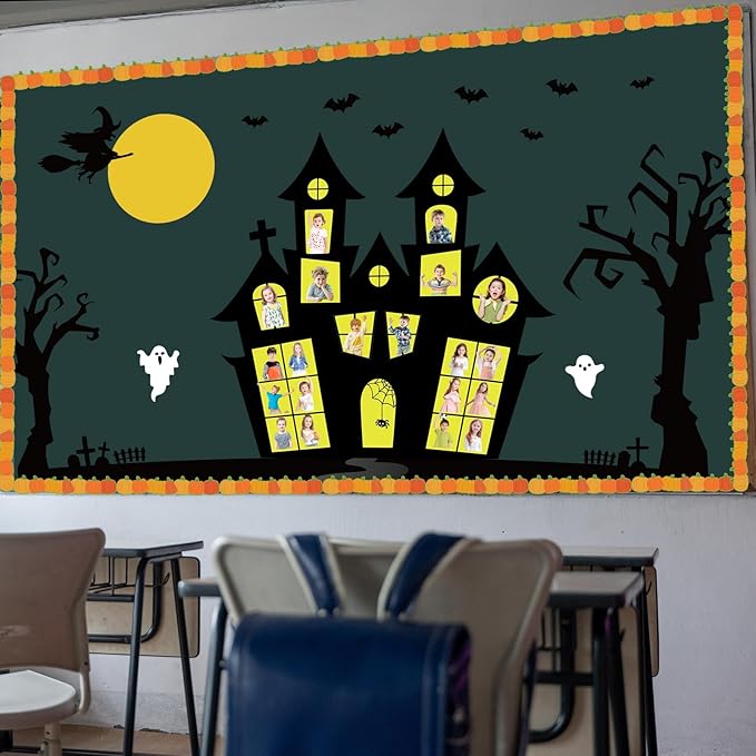 Halloween Classroom Bulletin Board Decoration Set Halloween DIY Photo Craft Castle Pumpkin Witch Bat Moon Paper Cutouts for School Offices Classroom Chalkboard Wall Holiday Decor Supplies