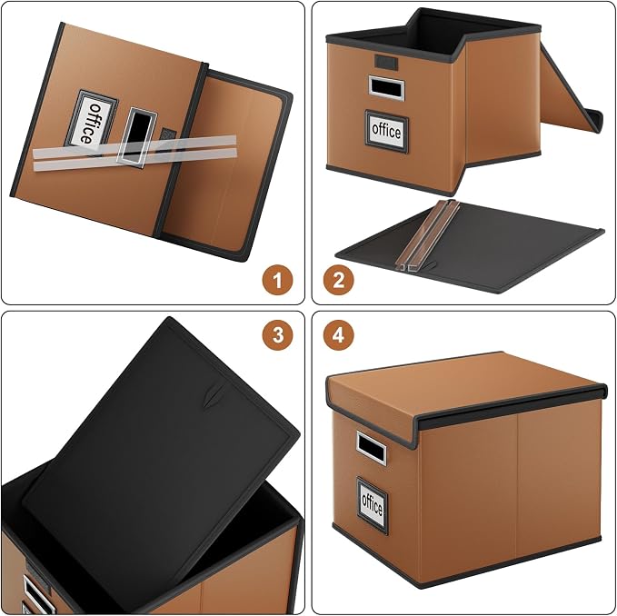 Faux Leather File Organizer Box with Lid, Collapsible Hanging File Folder Box Organizer with Plastic Slides, Decorative Home/Office Filing System Boxes for File and Folder Storage