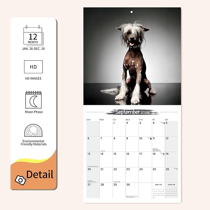 Wall Calendar 2026 Planner Calendar - Chinese Crested Dog Hangable Monthly Wall Calendar with Large Blocks for Organizing & Planning, Academic Schedule, Home, Office & family, Thick & Sturdy Paper (12"x24" Open)