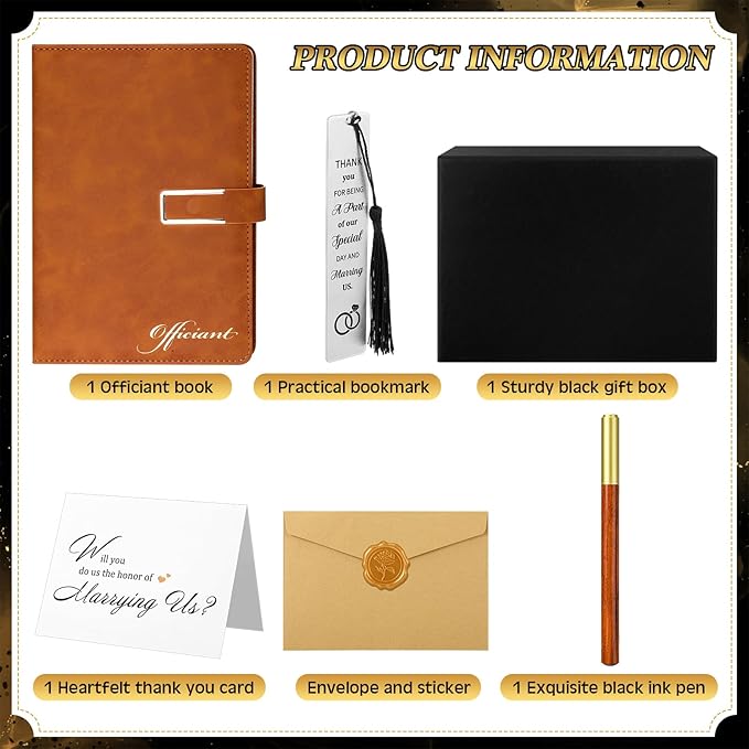 7 Pcs Officiant Gift Set Includes Leather Hardcover Proposal Officiant Book Black Ink Pen Thank You Card with Envelope and Sticker Bookmark Gift Box for Wedding(Brown)