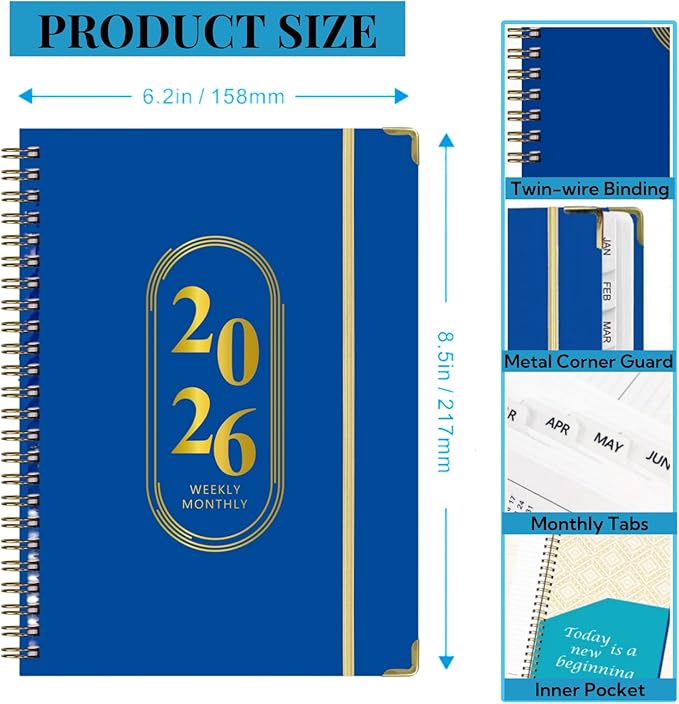 Planner 2026 Men & Women,Monthly and Weekly Agenda Calendar Planner,Jan 2026 to Dec 2026,A5 (6.3" x 8.5"),Hardcover Spiral Daily Planning Book with Tabs,for Office Home School,Dark Blue
