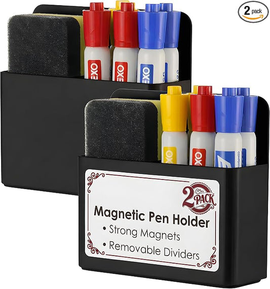 2 Pack Magnetic Pen Holder for Refrigerator & Whiteboard, Full-Back Magnet Dry Erase Marker Holder with Adjustable Divider, Magnetic Marker Holder for White Board Office Desk Locker Accessories, Black